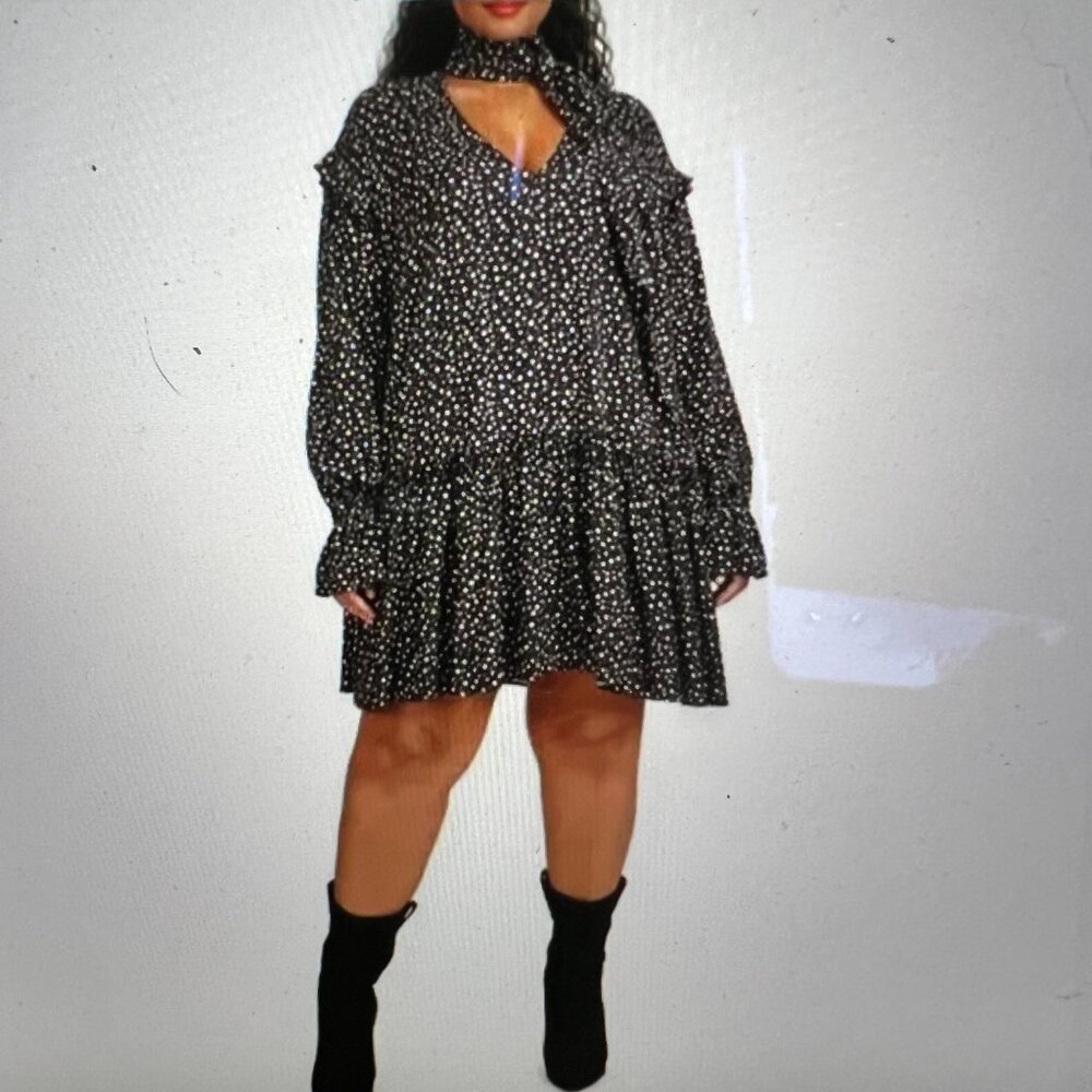 11 Honore - Plus-sized 18 - black with taupe dots, flowy, tie-neck dress